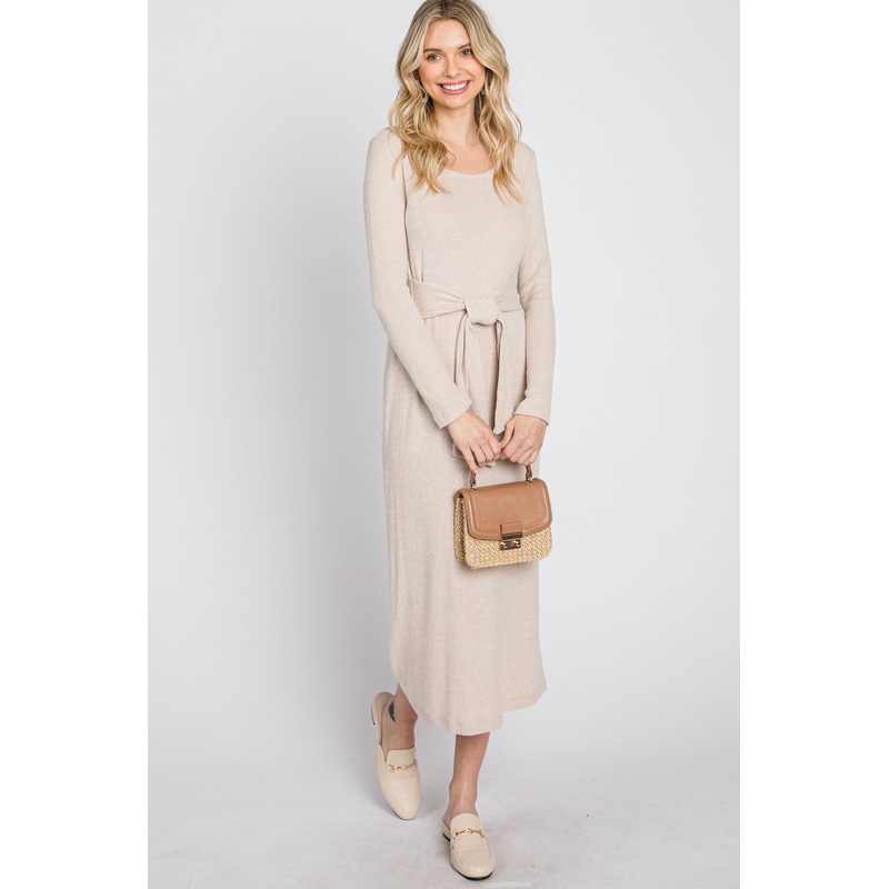 Beige Ribbed Knit Front Tie Midi Dress