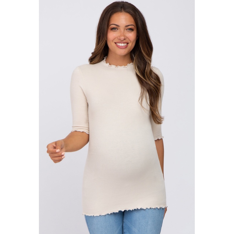 Beige Short Sleeve Ribbed Knit Maternity Top