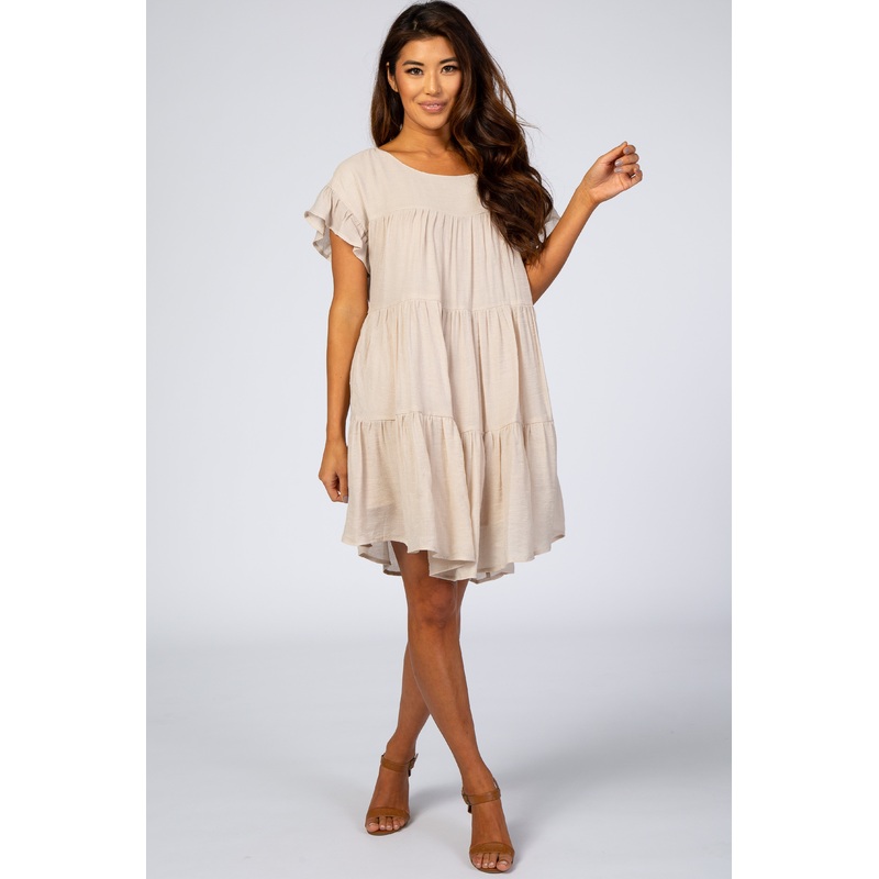 Beige Tiered Ruffle Sleeve Dress