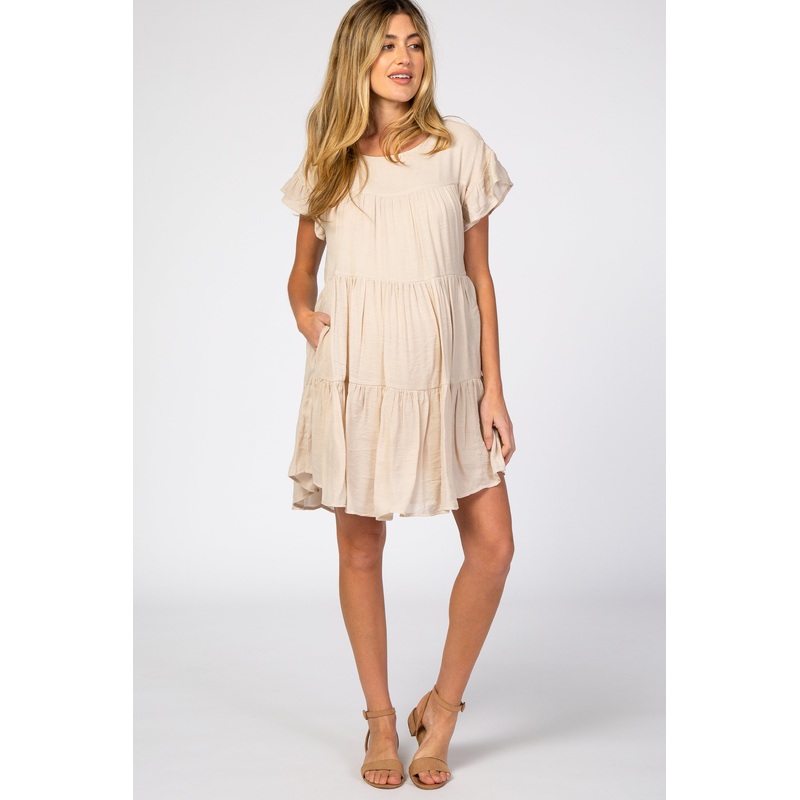 Beige Tiered Ruffle Sleeve Maternity Dress