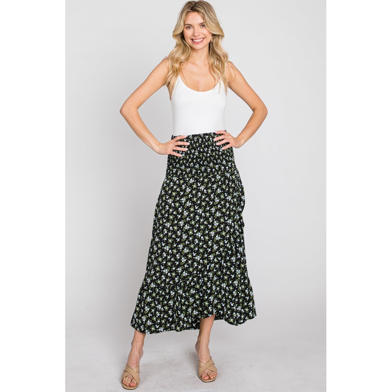 Black Floral Hi Low Ruffle Skirt