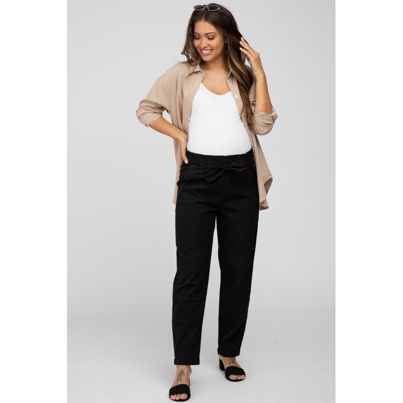 Black Waist Tie Cuffed Maternity Pants