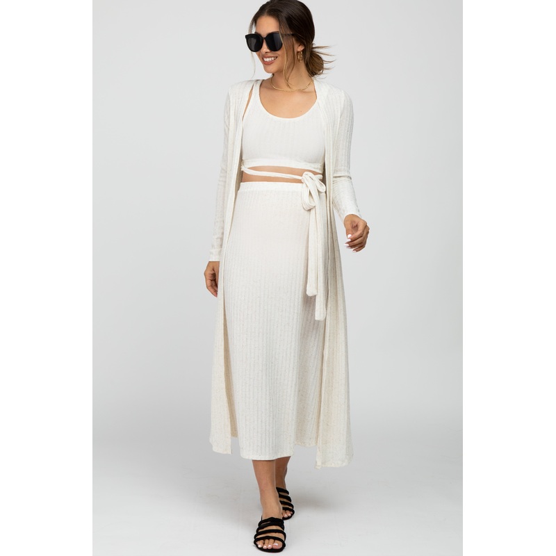 Ivory 3-Piece Skirt and Cardigan Maternity Set