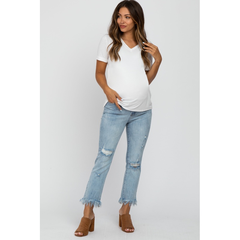 Light Blue Fringe Hem Distressed Cropped Maternity Jean
