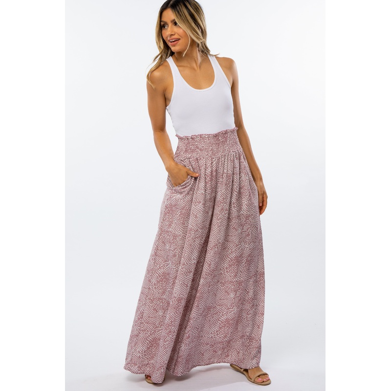 Mauve Polka Dot Smocked Waist Pant