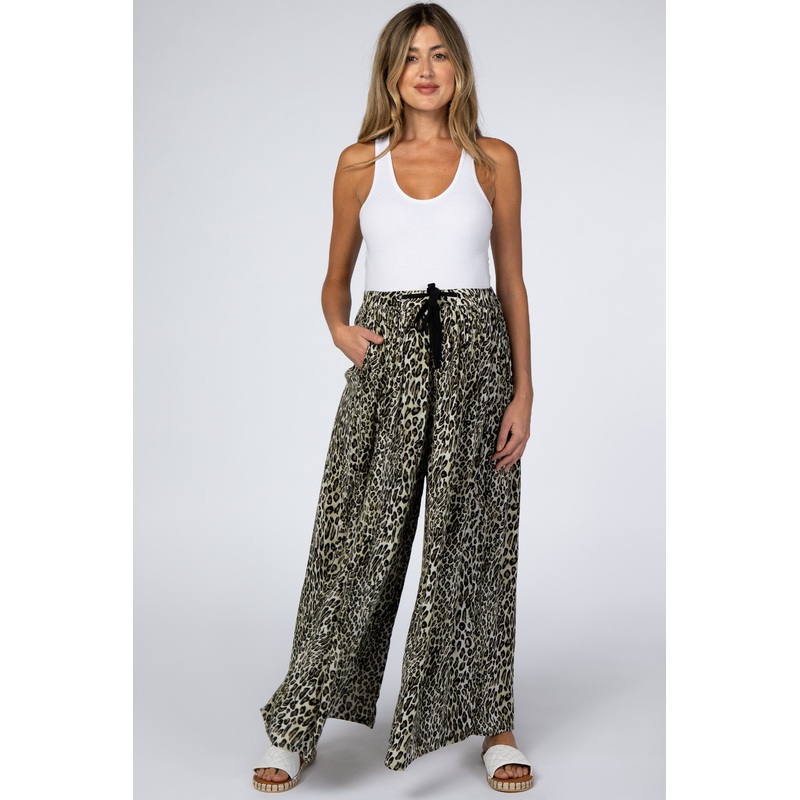 Olive Animal Print Wide Leg Drawstring Maternity Pants