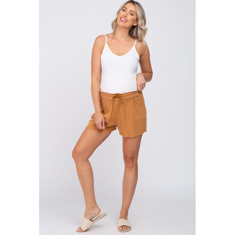Rust Drawstring Linen Maternity Shorts