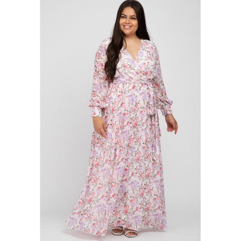 White Floral Chiffon Long Sleeve Pleated Plus Maxi Dress