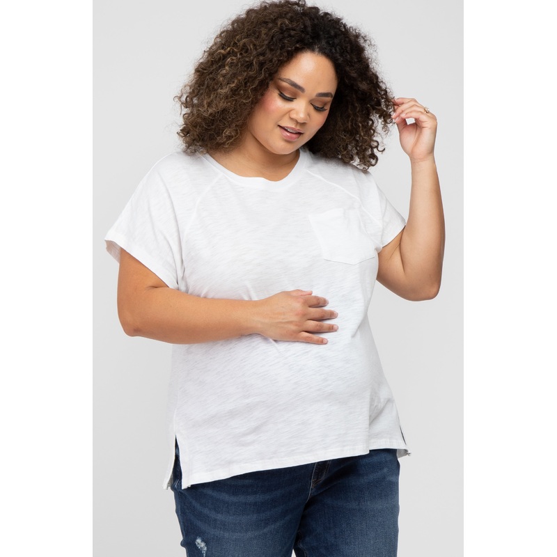 White Heathered Front Pocket Maternity Plus Top