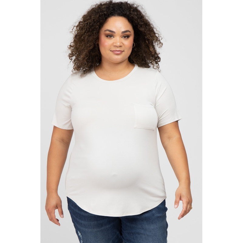 White Ribbed V-Neck Short Sleeve Plus Maternity Top