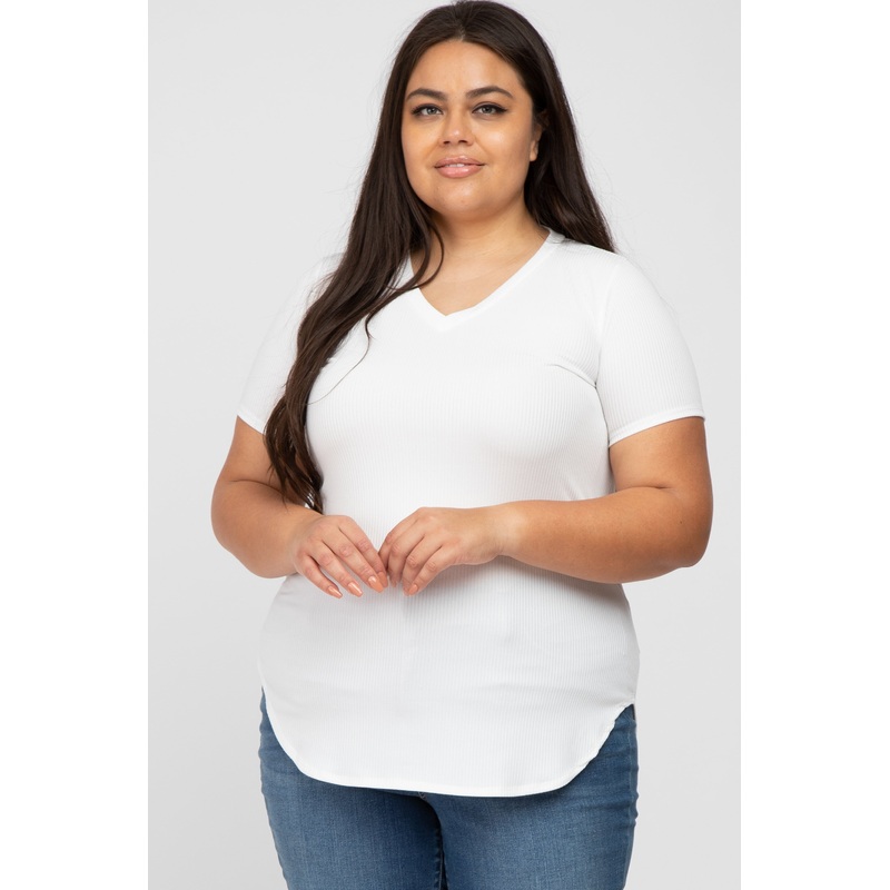 White Ribbed V-Neck Short Sleeve Plus Top