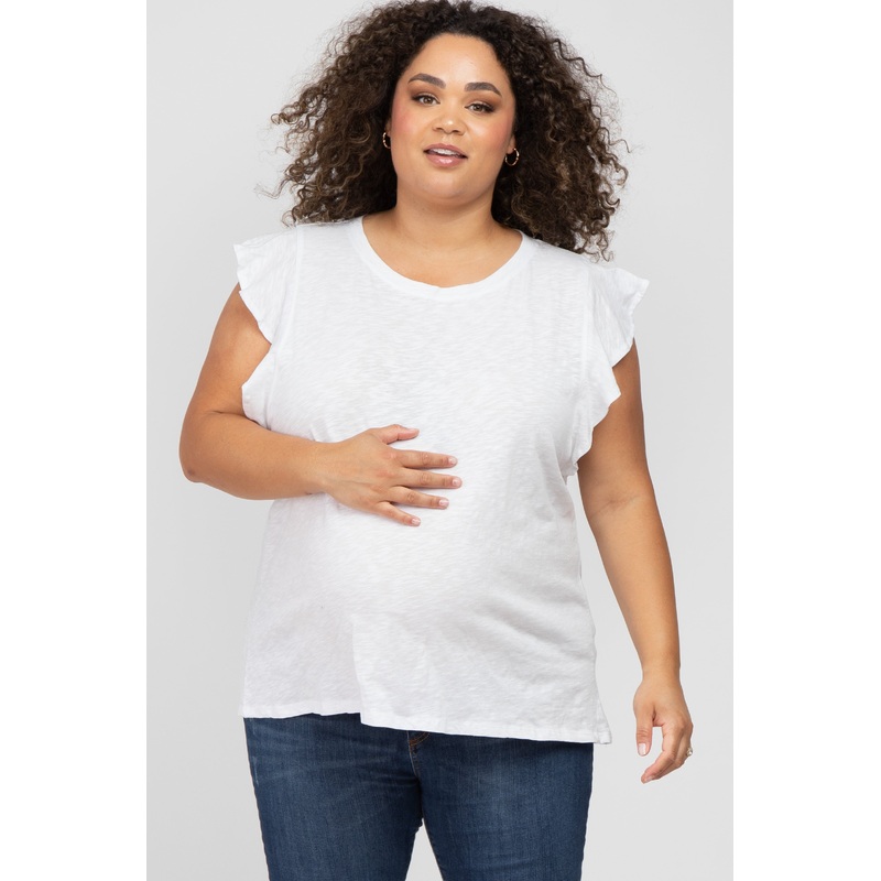 White Ruffle Sleeve Maternity Plus Top