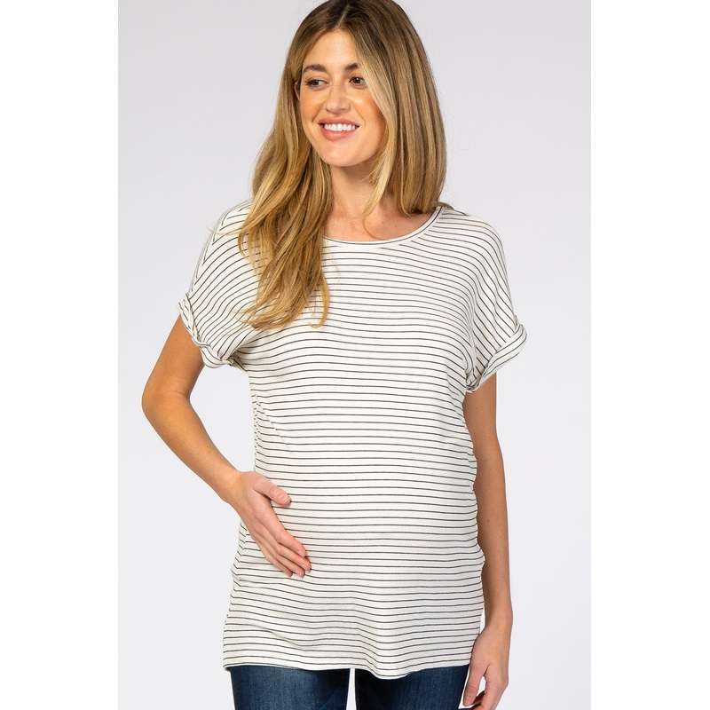 White Striped Ribbed Crisscross Back Maternity Top