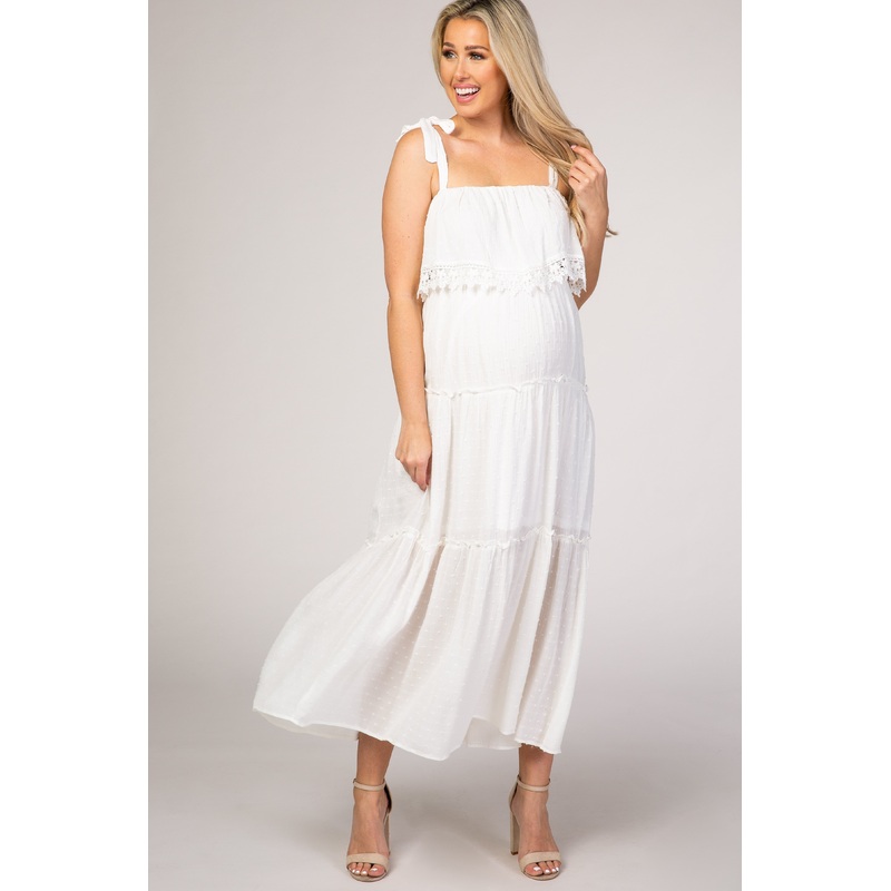 White Swiss Dot Tiered Maternity Maxi Dress