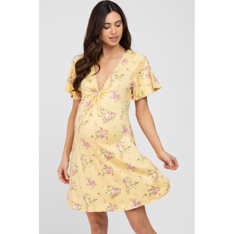 Yellow Floral Short Sleeve Maternity Dress