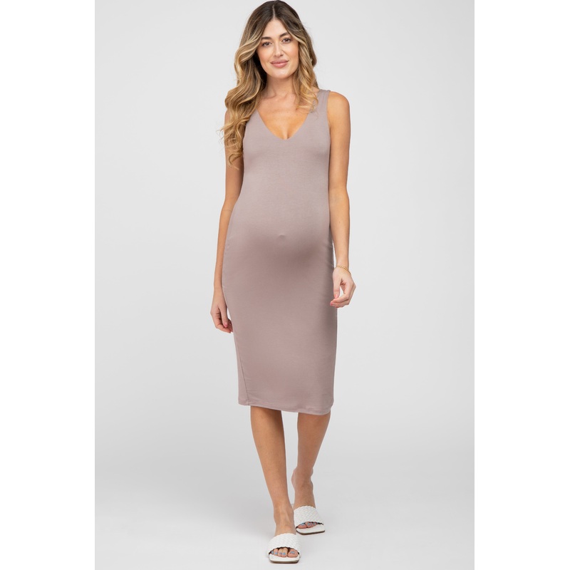Beige Fitted V-Neckline Maternity Midi Dress