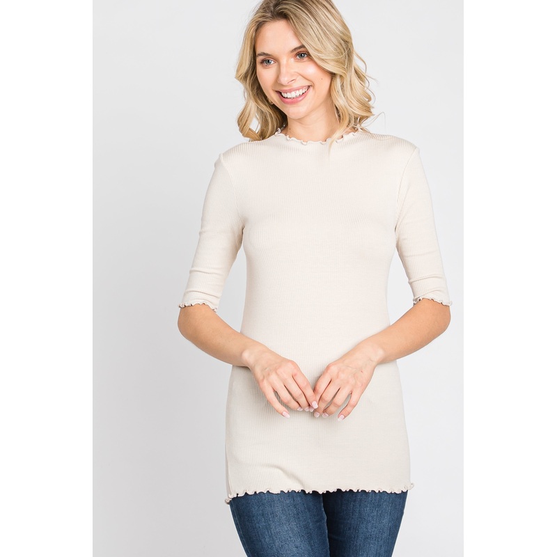 Beige Short Sleeve Ribbed Knit Top