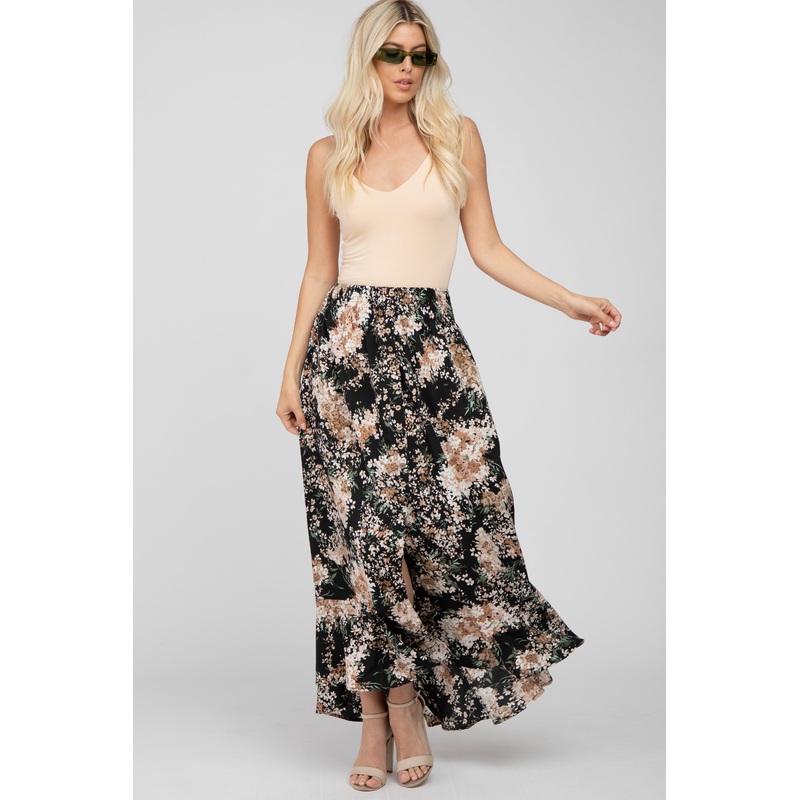 Black Floral Button-Down Front Slit Maxi Skirt
