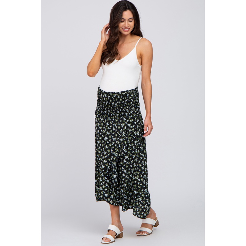 Black Floral Hi Low Ruffle Maternity Skirt