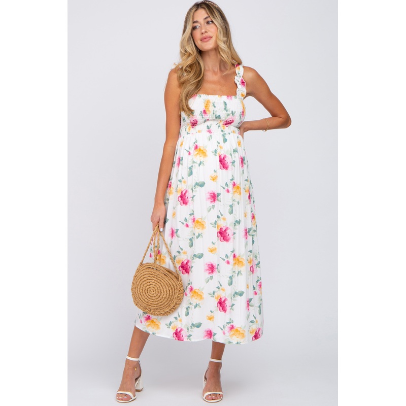 White Floral Smocked Maternity Maxi Dress