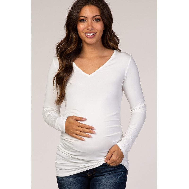 White Long Sleeve Fitted Ruched Maternity Top