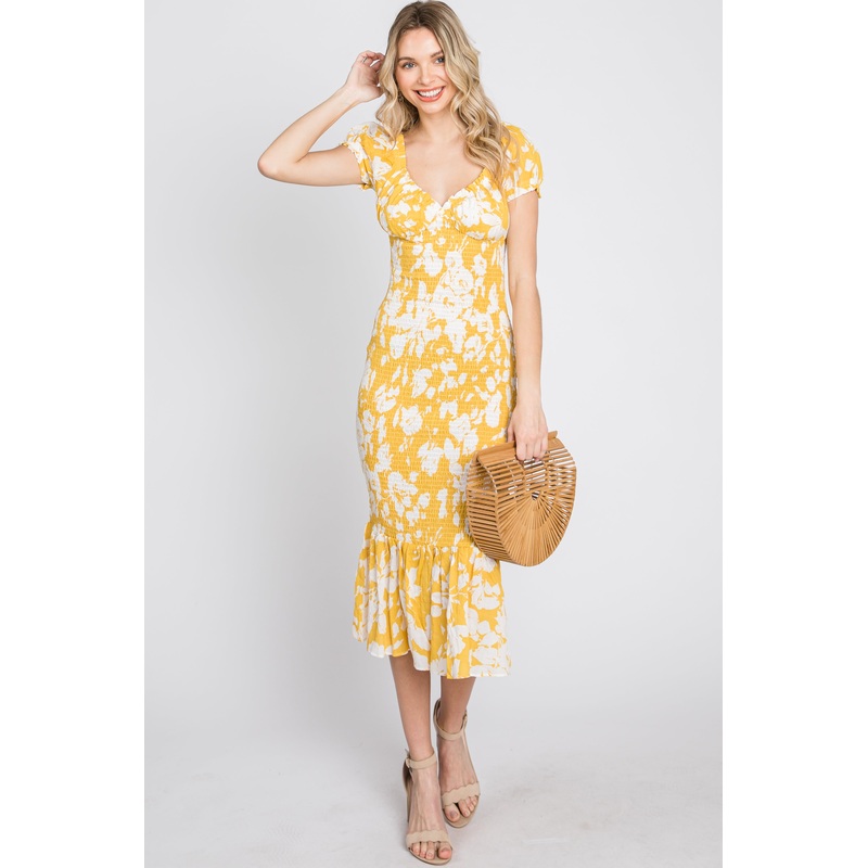 Yellow Floral Smocked Off Shoulder Fitted Dress
