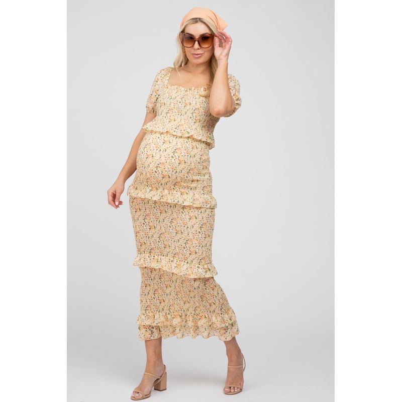 Yellow Smocked Ruffle Accent Maternity Midi Dress