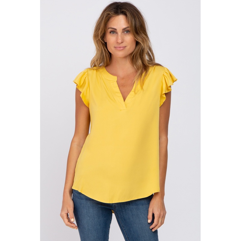 Yellow Split Neck Flutter Sleeve Blouse