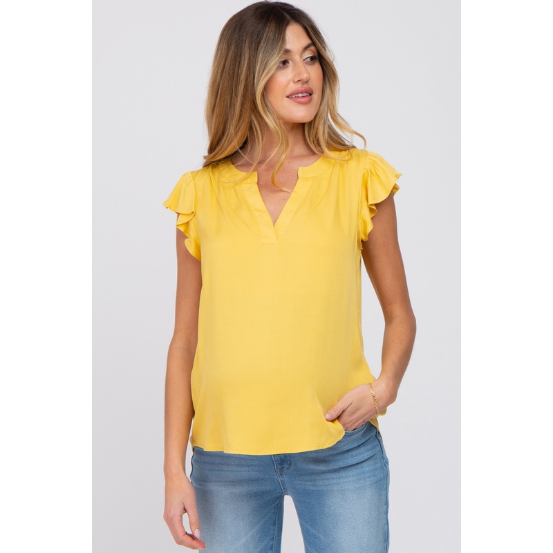 Yellow Split Neck Flutter Sleeve Maternity Blouse