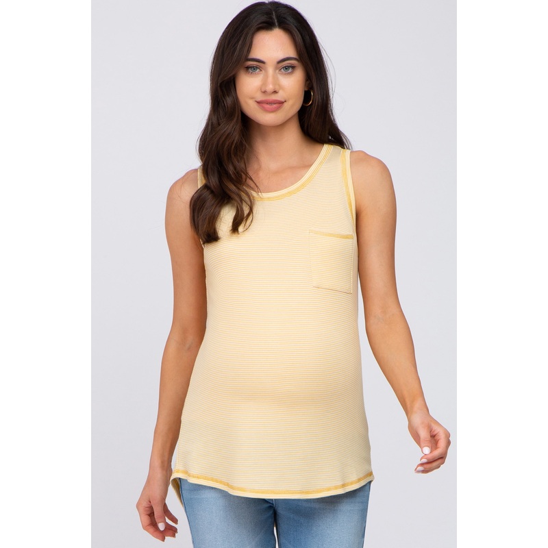 Yellow Striped Pocket Front Sleeveless Maternity Top