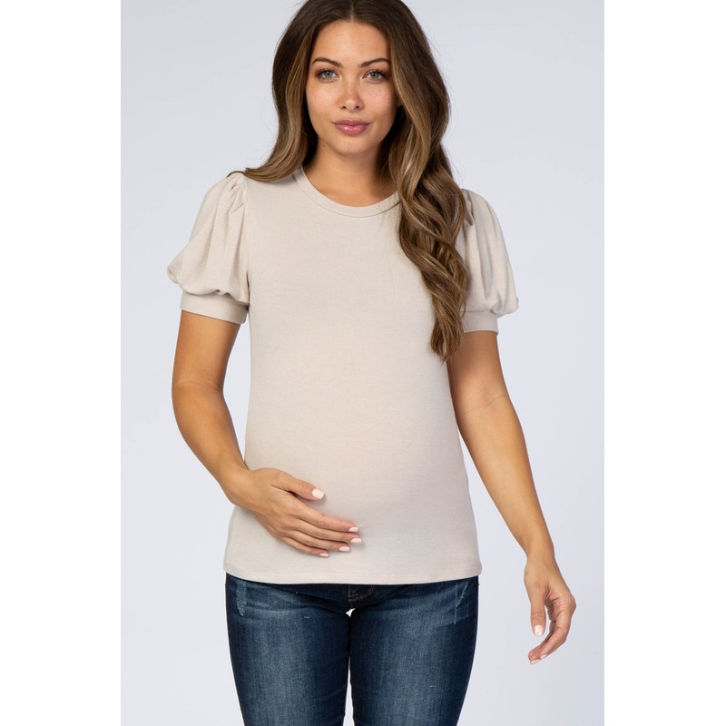 Beige Bubble Short Sleeve Maternity Top