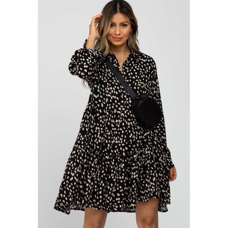 Black Animal Print Collared Button Front Dress