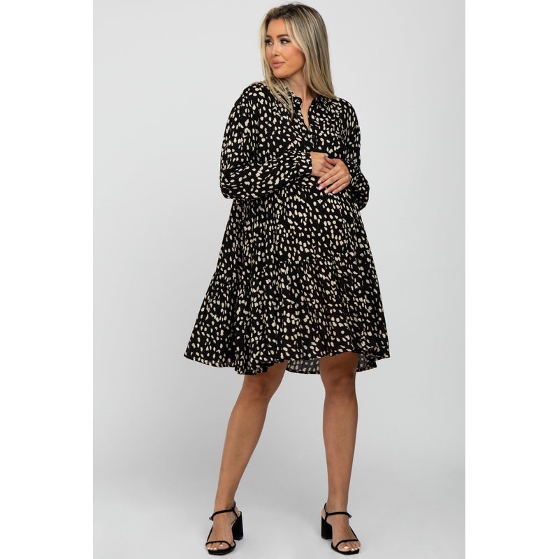 Black Animal Print Collared Button Front Maternity Dress