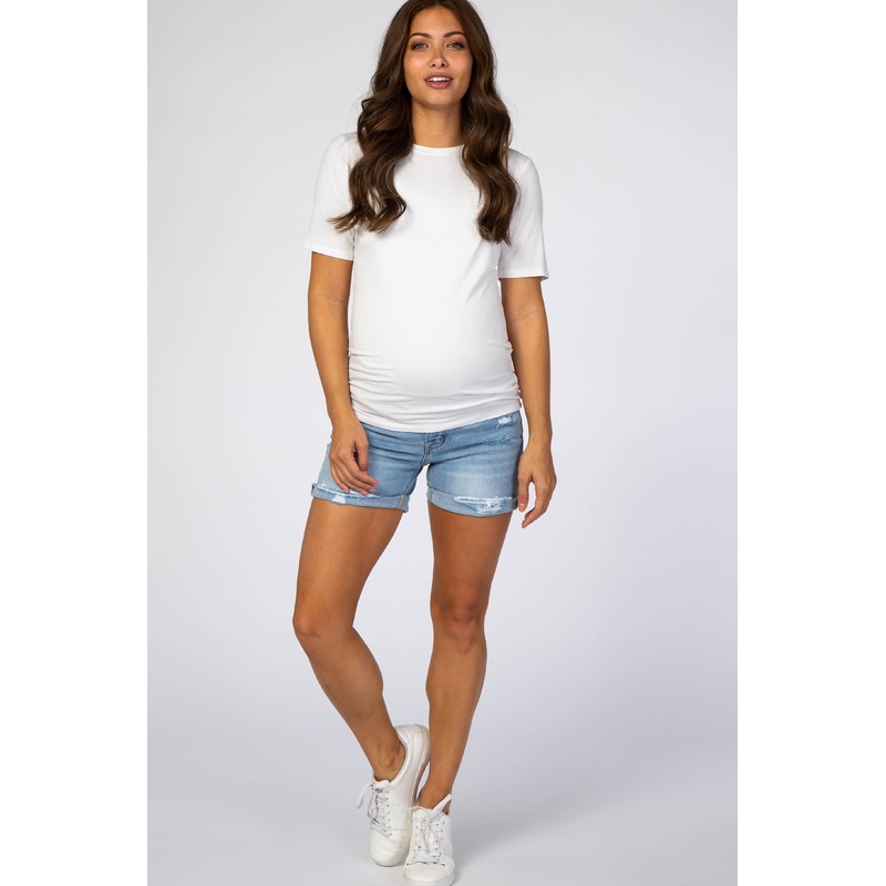 Blue Distressed Rolled Cuff Maternity Jean Shorts