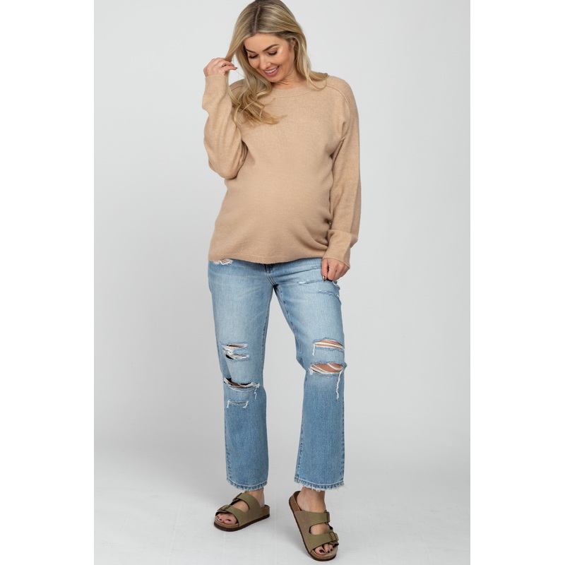 Light Blue Distressed Maternity Cropped Straight Leg Jeans