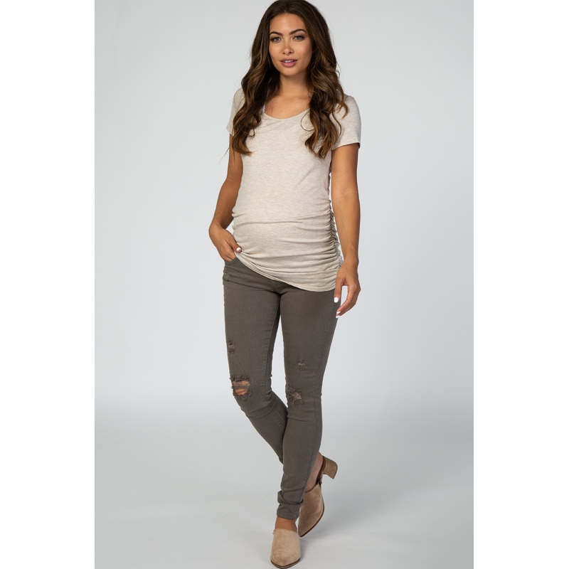 PinkBlush Olive Distressed Maternity Skinny Jeans