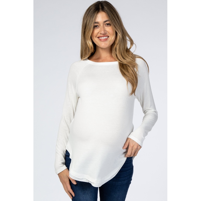 White Hi-Low Rounded Raw Edge Hem Maternity Top