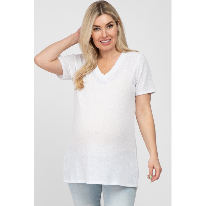 White Textured V-Neck Maternity Top