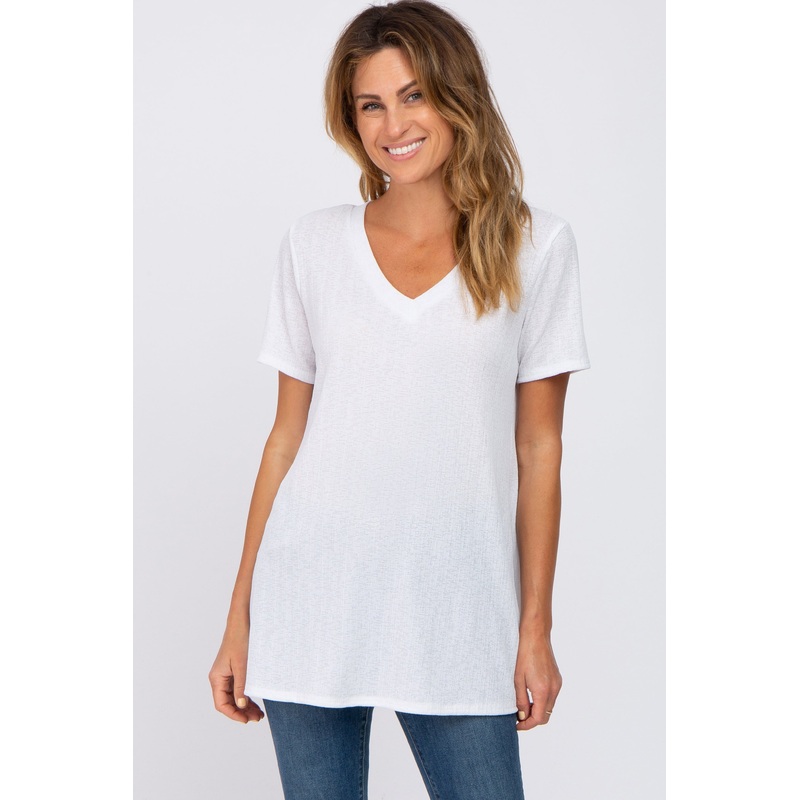 White Textured V-Neck Top