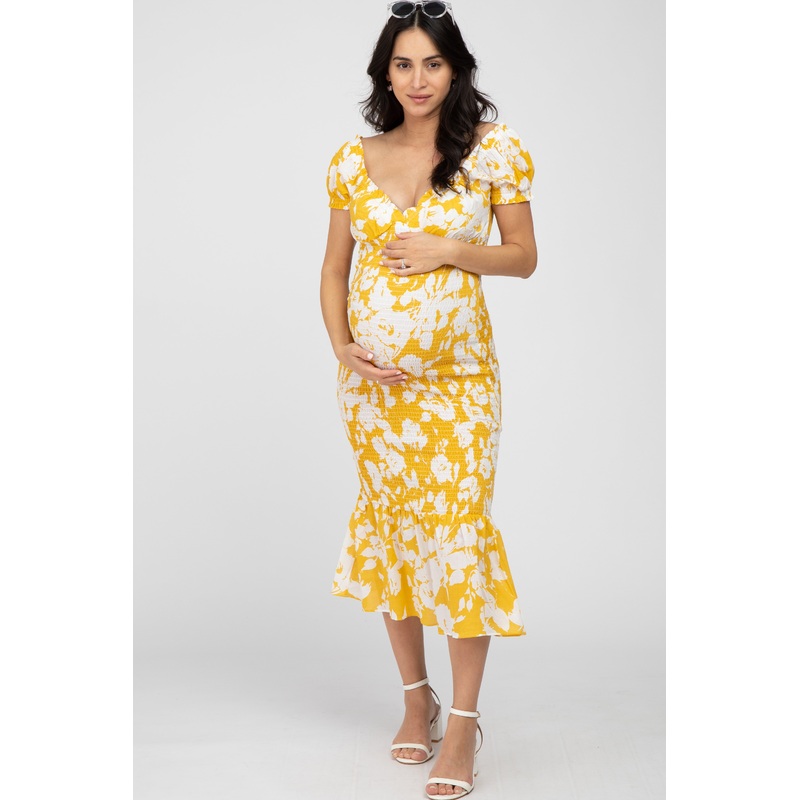 Yellow Floral Smocked Off Shoulder Maternity Fitted Dress