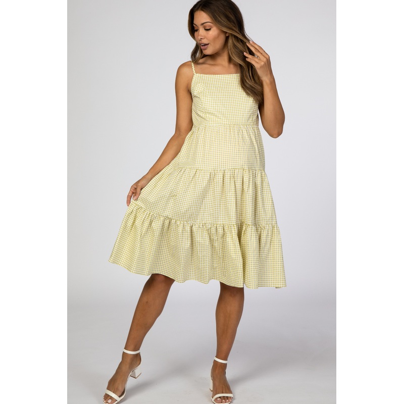 Yellow Green Gingham Tiered Maternity Midi Dress