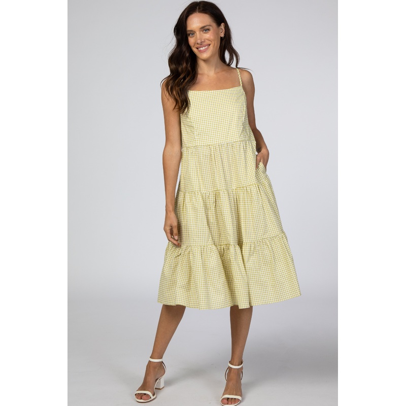 Yellow Green Gingham Tiered Midi Dress