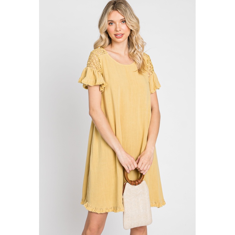Yellow Linen Crochet Shoulder Fringe Hem Dress