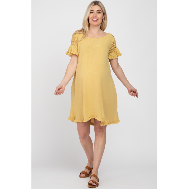 Yellow Linen Crochet Shoulder Fringe Hem Maternity Dress