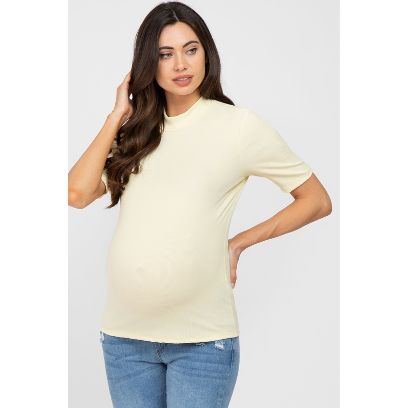 Yellow Ribbed Mock Neck Maternity Top