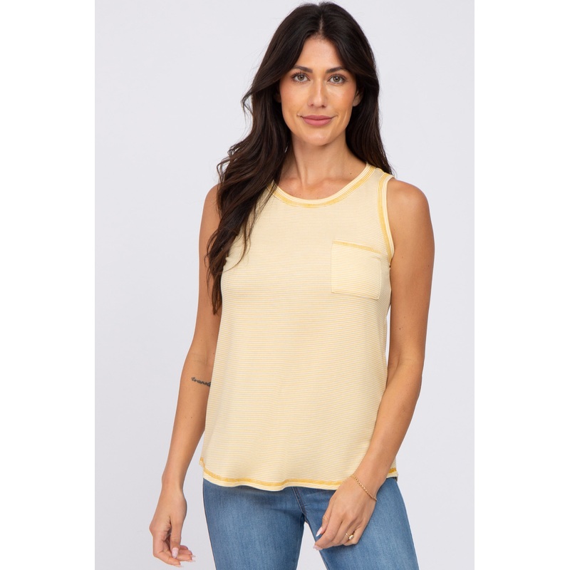Yellow Striped Pocket Front Sleeveless Top