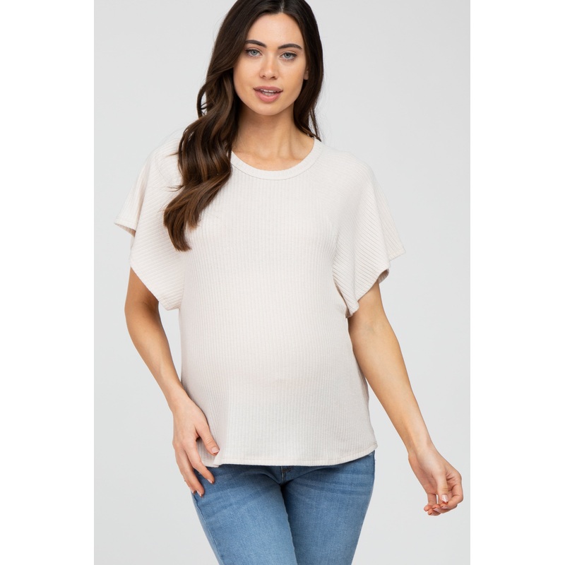 Beige Ribbed Flounce Short Sleeve Maternity Top