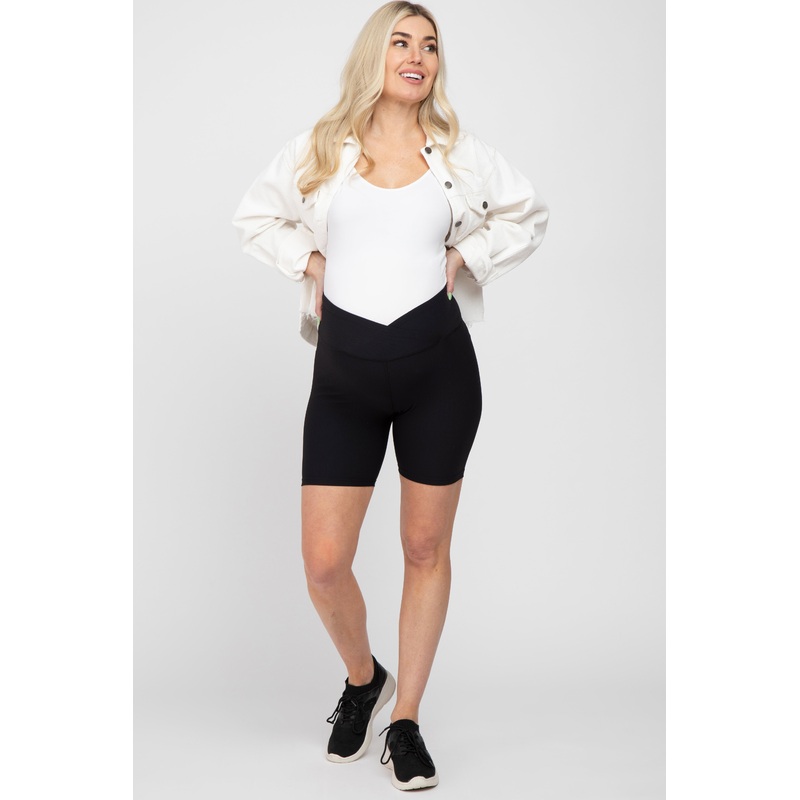 Black Crossover Waist Maternity Bike Shorts