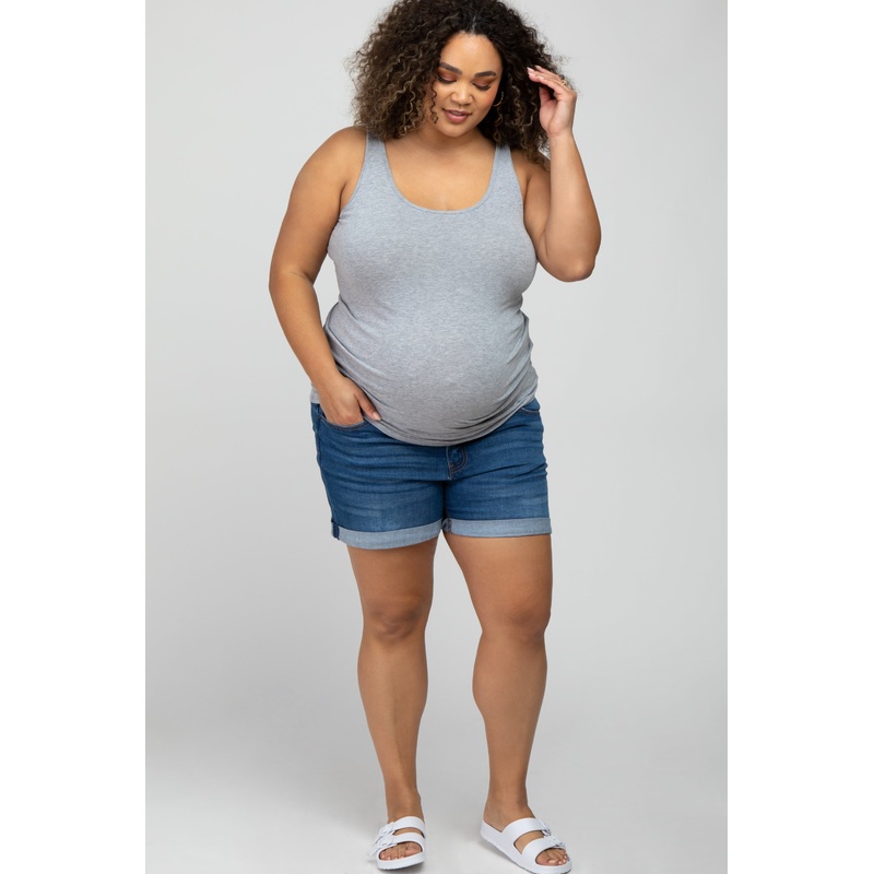 Blue Cuffed Hem Maternity Plus Denim Shorts