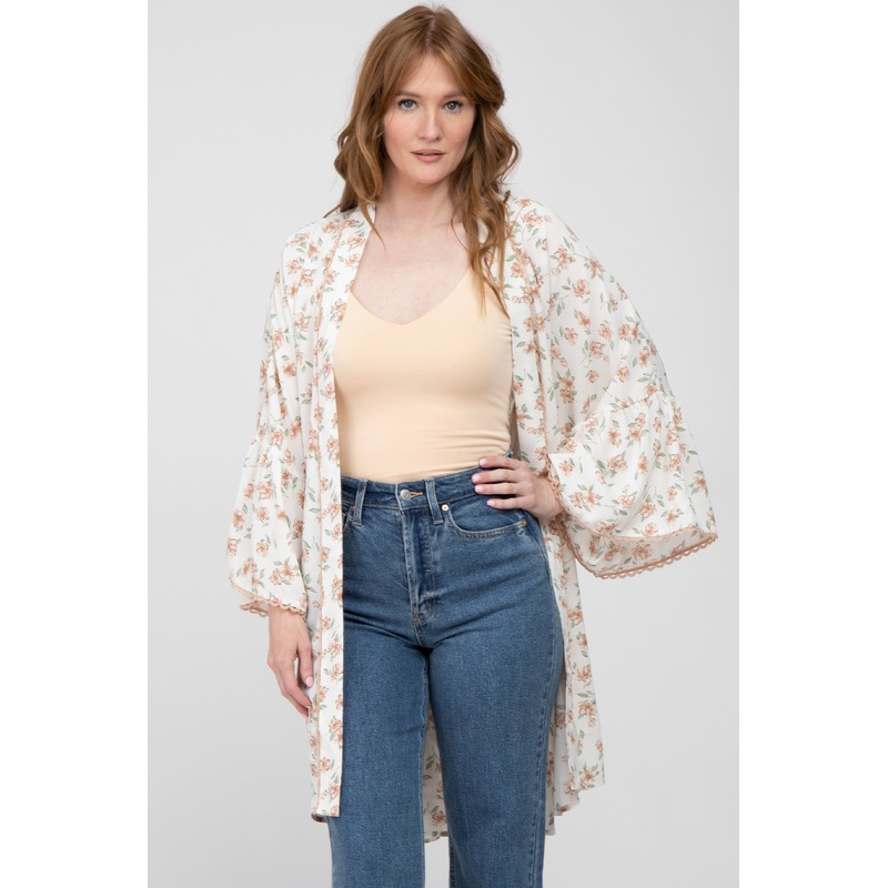Cream Floral Bell Sleeve Cover Up